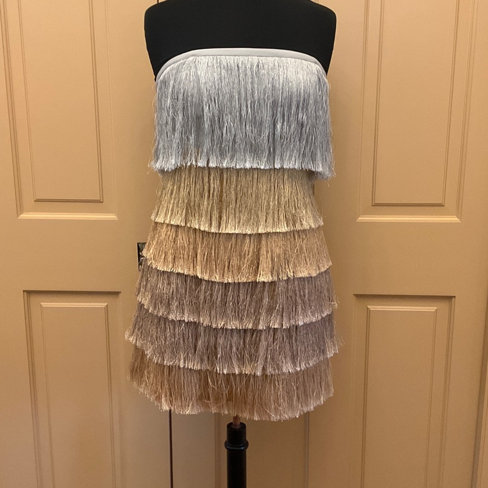 Milly Strapless Tiered Fringe Mini Dress in Silver and Champagne